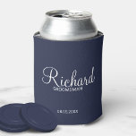 Modern Navy Blue Personalized Groomsman Can Cooler<br><div class="desc">Personalized Groomsman Gifts
featuring personalized groomsman's name in white modern script font style with title and wedding date in modern sans serif font style on navy blue background.

Also perfect for best man,  father of the bride,  bridesmaid,  maid of honour,  mother of the bride and more.</div>