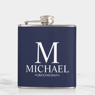 Modern Navy Blue Personalized Groomsman Hip Flask