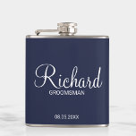 Modern Navy Blue Personalized Groomsman Hip Flask<br><div class="desc">Personalized Groomsman Gifts
featuring personalized groomsman's name in white modern script font style with title and wedding date in modern sans serif font style on navy blue background.

Also perfect for best man,  father of the bride,  bridesmaid,  maid of honour,  mother of the bride and more.</div>