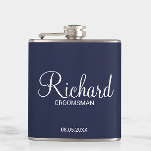 Modern Navy Blue Personalized Groomsman Hip Flask