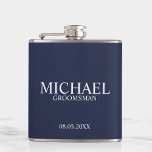 Modern Navy Blue Personalized Groomsman Hip Flask<br><div class="desc">Modern Navy Blue Personalized Groomsman Gifts
featuring personalized groomsman's name,  title and wedding date in classic serif font style.

Also perfect for Best Man,  Father of the Bride and more.</div>