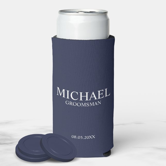 Modern Navy Blue Personalized Groomsman Seltzer Can Cooler (Creator Uploaded)