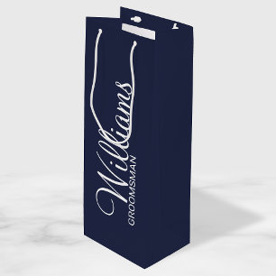 Modern Navy Blue Personalized Groomsman Wine Gift Bag