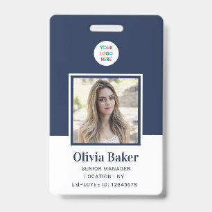 Modern Navy Blue Photo Barcode Business Logo Name Badge