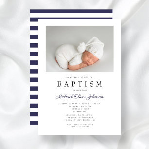 Modern Navy Blue Photo Boy Baptism Invitation