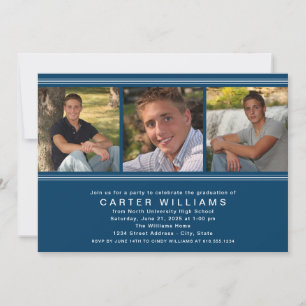 Modern Navy Blue Photo Collage Graduation Party Invitation
