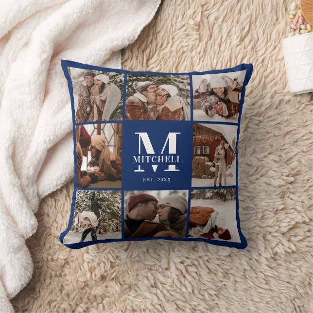 Modern Navy Blue Photo Collage Personalized Throw Pillow (Blanket)