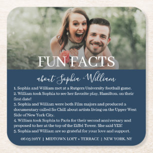 Modern Navy Blue Photo Fun Facts Wedding Square Paper Coaster