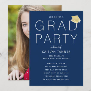 Modern Navy Blue Photo Graduation Party Invitation