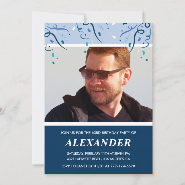 Modern Navy Blue Photo Man 63rd birthday  Invitation (Front)