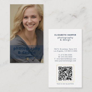 Modern Navy Blue Photo QR Code Professional Gold Business Card