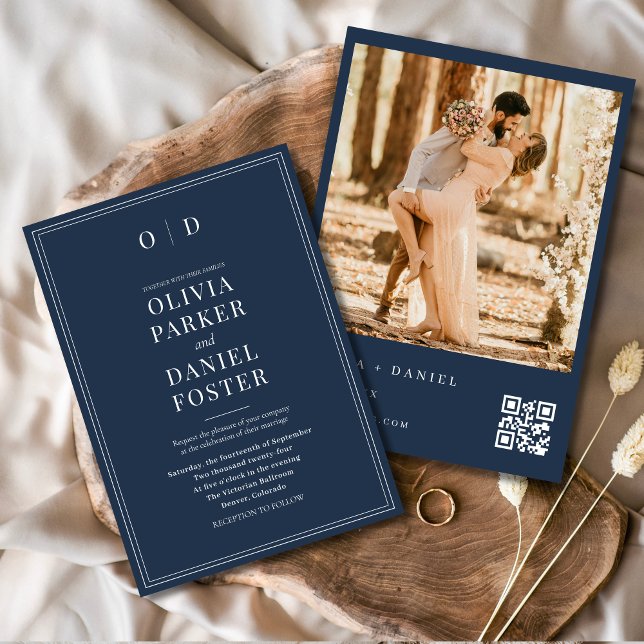 Modern Navy Blue Photo QR Code Wedding Invitation (Creator Uploaded)