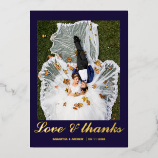 Modern navy blue photo wedding foil thank you card