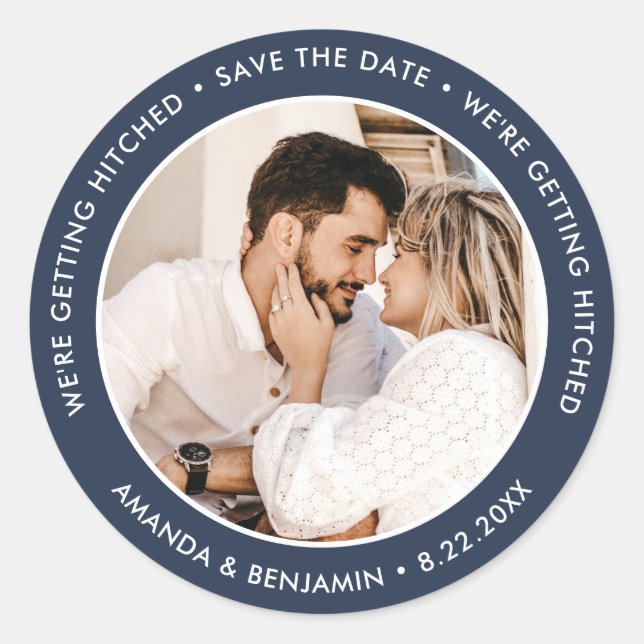 Modern Navy Blue Photo Wedding Save The Date Classic Round Sticker (Front)