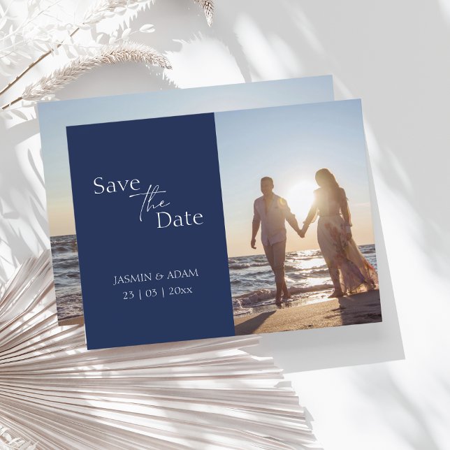 Modern Navy Blue Photo Wedding Save the Date Postcard (Creator Uploaded)