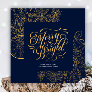 Modern Navy Blue Pine Bough Floral Gold Script Holiday Card