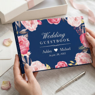 Modern Navy Blue Pink Floral Wreath Wedding Guest Book