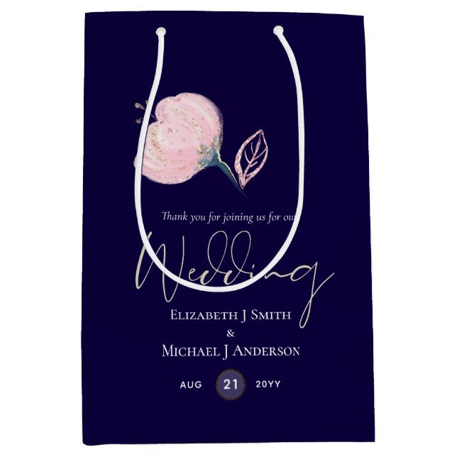 Modern Navy Blue Pink Rose Gold Wedding Budget Medium Gift Bag (Front)