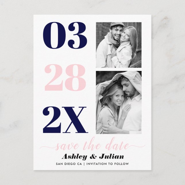 Modern navy blue, pink two photo Save the Date Postcard (Front)