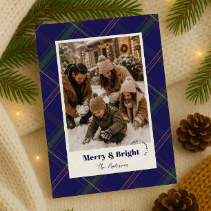 Modern Navy Blue Plaid Two Photos Merry Christmas Holiday Card