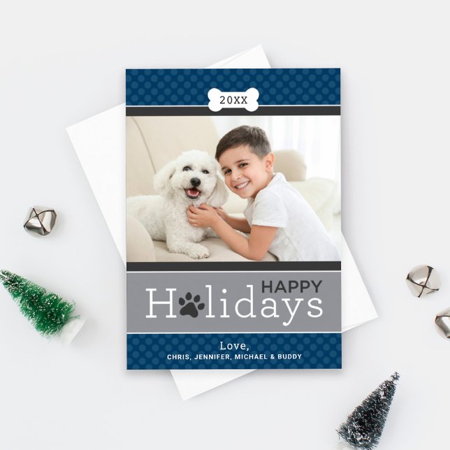 Modern Navy Blue Puppy Dog Theme Happy Holidays Holiday Card (Creator Uploaded)