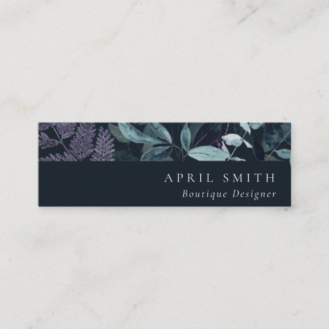 Modern Navy Blue Purple Leafy Tropical Fauna Fern Mini Business Card (Front)