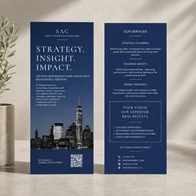 Modern Navy Blue QR Code Professional Consultant Rack Card (Modern Navy Blue QR Code Professional Consultant Rack Card)