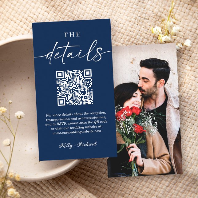 Modern Navy Blue QR Code Small Wedding Details Enclosure Card (Creator Uploaded)