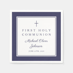 Modern Navy Blue Religious Boy First Communion Napkin