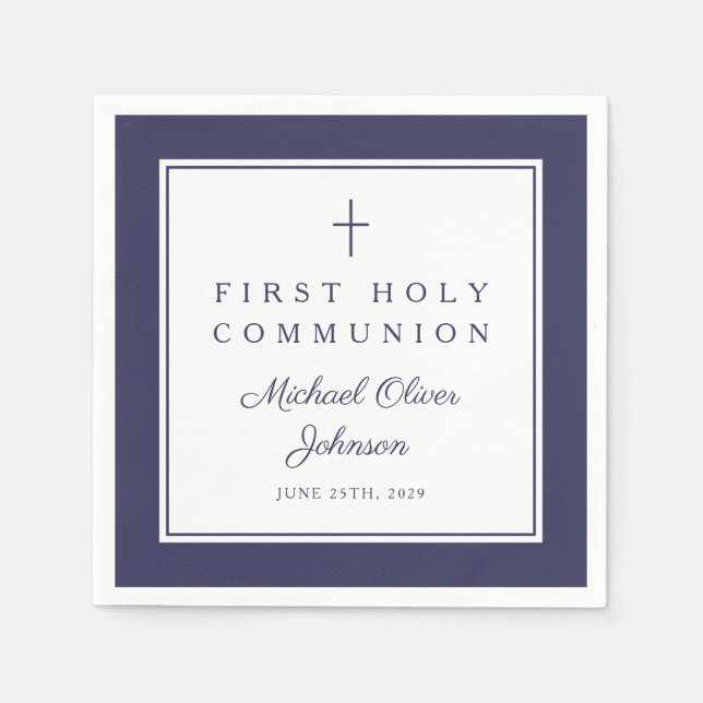Modern Navy Blue Religious Boy First Communion Napkin (Front)
