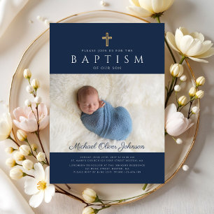 Modern Navy Blue Religious Cross Boy Baptism Photo Invitation