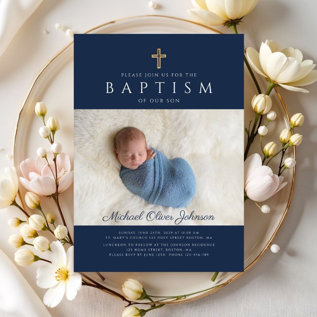 Modern Navy Blue Religious Cross Boy Baptism Photo Invitation (Modern Navy Blue Religious Cross Boy Baptism Photo Invitation)