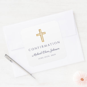 Modern Navy Blue Religious Cross Boy Confirmation Square Sticker