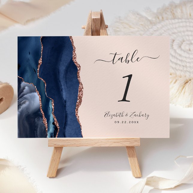 Modern Navy Blue Rose Gold Agate Blush Wedding Table Number (Creator Uploaded)