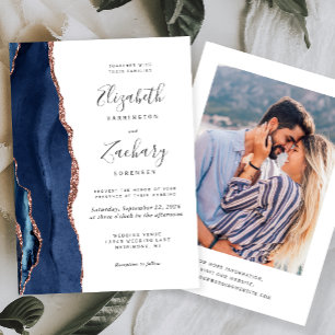 Modern Navy Blue Rose Gold Agate Photo Wedding Invitation