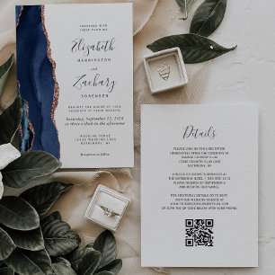 Modern Navy Blue Rose Gold Agate QR Code Wedding Invitation