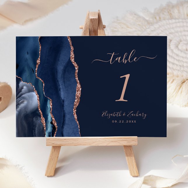 Modern Navy Blue Rose Gold Agate Wedding Table Number (Creator Uploaded)
