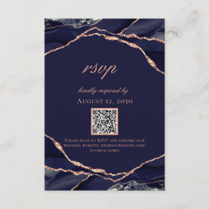 Modern Navy Blue Rose Gold Foil Agate Wedding RSVP Card