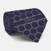 Modern Navy Blue Rose Gold Foil Geometric Monogram Tie (Rolled)