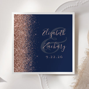 Modern Navy Blue Rose Gold Glitter Edge Wedding Napkin