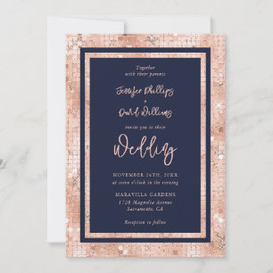 Modern Navy Blue Rose Gold Glitter Script Wedding Invitation