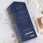 Modern Navy Blue Rose Gold Glitter Wedding All In One Invitation<br><div class="desc">The left-hand edge of this elegant modern all-in-one wedding invitation and RSVP features a rose gold faux glitter border. The customizable text combines rose pink whimsical handwriting, copperplate and italic fonts on a navy blue background. The return address appears on the outside flap and the reverse side of the detachable...</div>