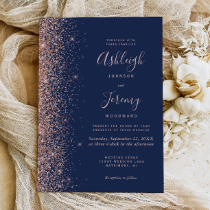 Modern Navy Blue Rose Gold Glitter Wedding Invitation