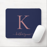 Modern Navy Blue Rose Gold Monogram Script Mouse Pad<br><div class="desc">Modern Elegant Pink Rose Gold Monogram Script on a chic navy blue mouse pad. Easy to customize with your own name and details. Perfect for your modern minimalist yet luxury lifestyle! Please contact us at cedarandstring@gmail.com if you need assistance with the design or matching products.</div>