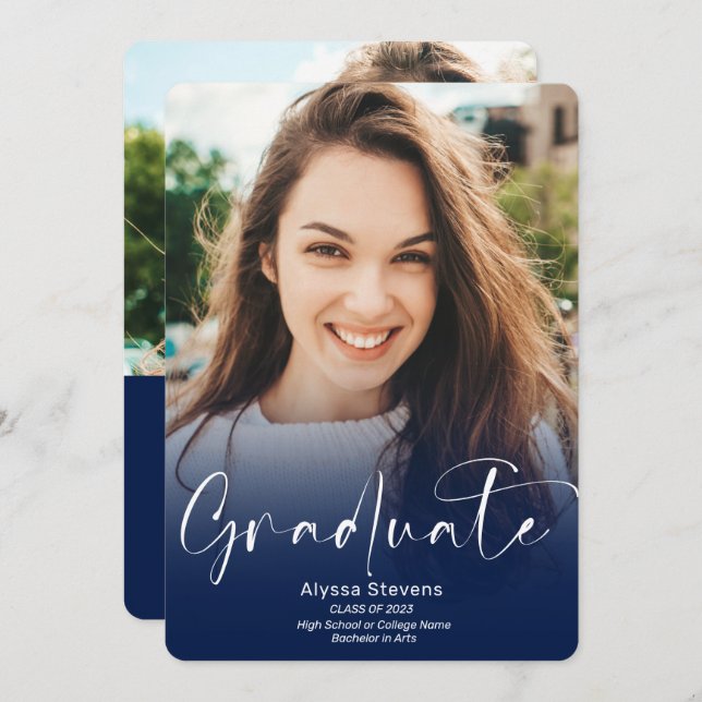 Modern navy blue script 2 photos graduation announcement (Front/Back)