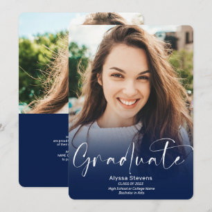 Modern navy blue script 2 photos graduation announcement