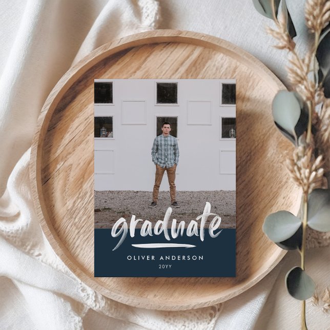 Modern navy blue script 3 photo stylish graduation invitation (Creator Uploaded)