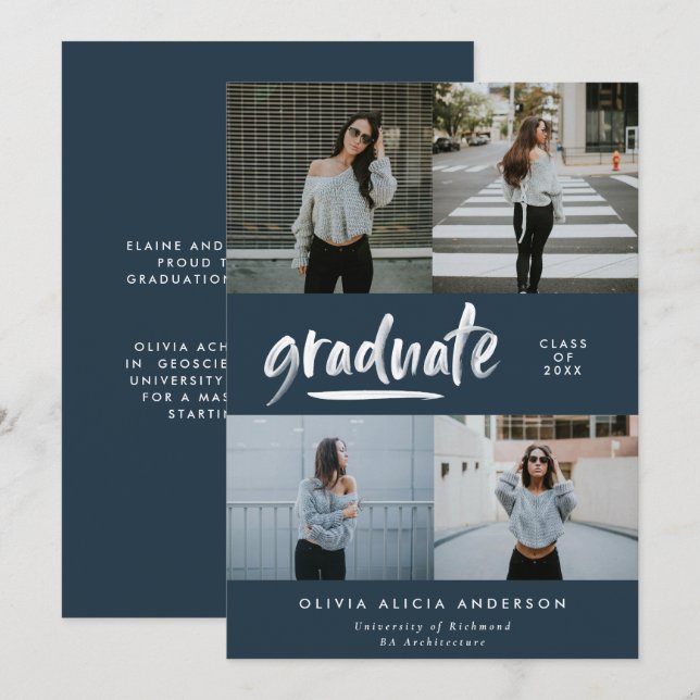 Modern navy blue script 4 photo stylish graduation invitation (Front/Back)