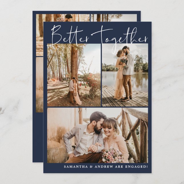 Modern navy blue script chic 6 photos engagement announcement (Front/Back)