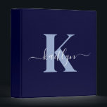 Modern Navy Blue Script Monogram Binder<br><div class="desc">This simple, elegant navy blue 1" capacity 3 ring binder with your first name in a trendy script font in white typed over your first initial in a modern cap font in light blue is perfect for keeping your recipes, photos, papers neat and tidy. It's stylish and trendy and yet...</div>